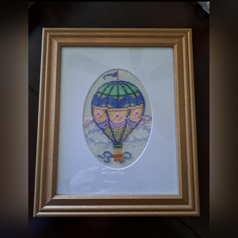 Framed Hot Air Balloon Cross Stitch Art